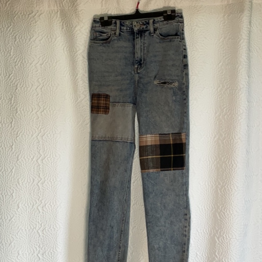 Hollister High Rise Patchwork Jeans - Blue and Plaid